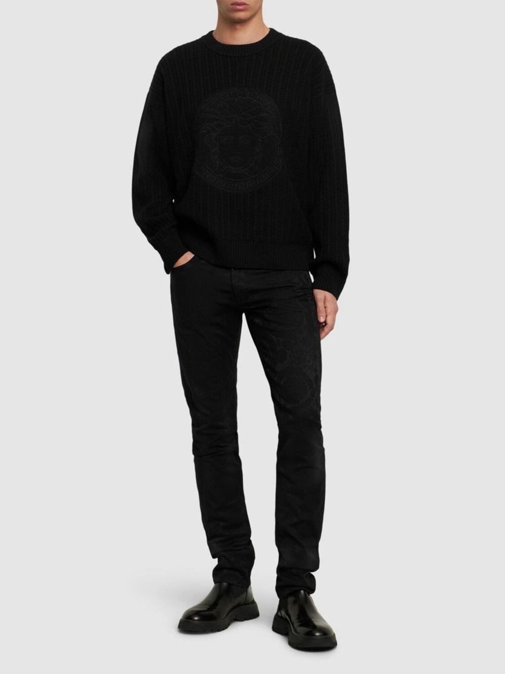 Versace Black Medusa Embroidered Wool Sweater Size 52 XL Crewneck Knit NEW - Picture 2 of 8